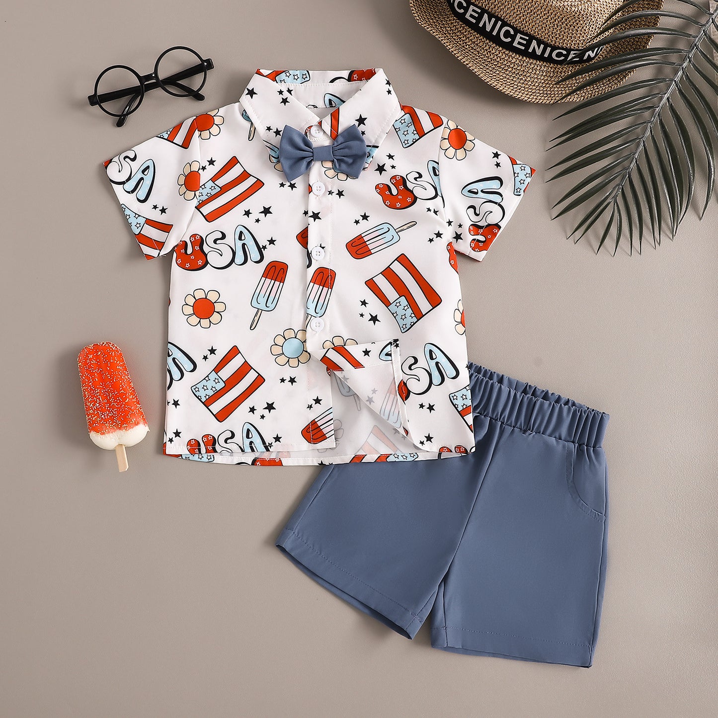 Boys Cute Fashion Gentleman Style Printed Shirt Shorts 2pc Suit