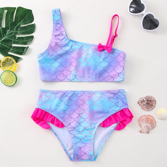 Girls' Shoulder Scale Printed Bikini Swimsuit