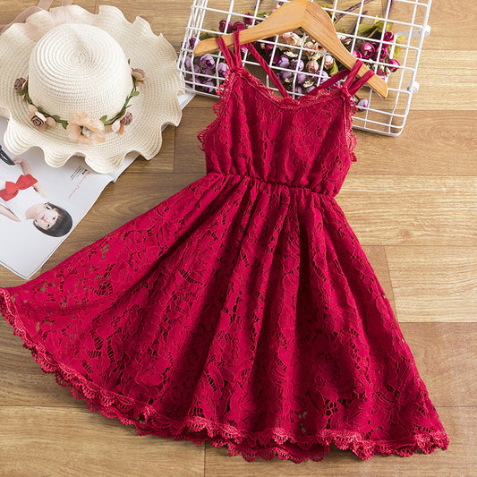 Girls' Embroidered Skirt Lace Dress With Straps