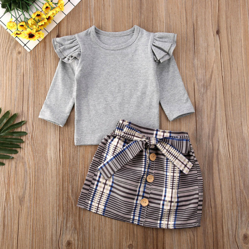 Girl's Grey Plaid Skirt 2pc Set