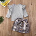 Girl's Grey Plaid Skirt 2pc Set