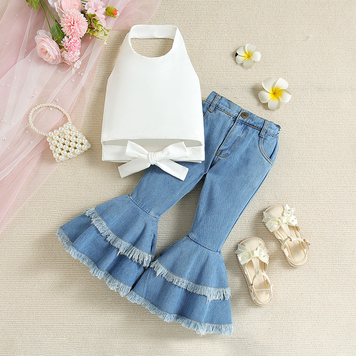 Girls' White Top With Denim Flared Pants Set