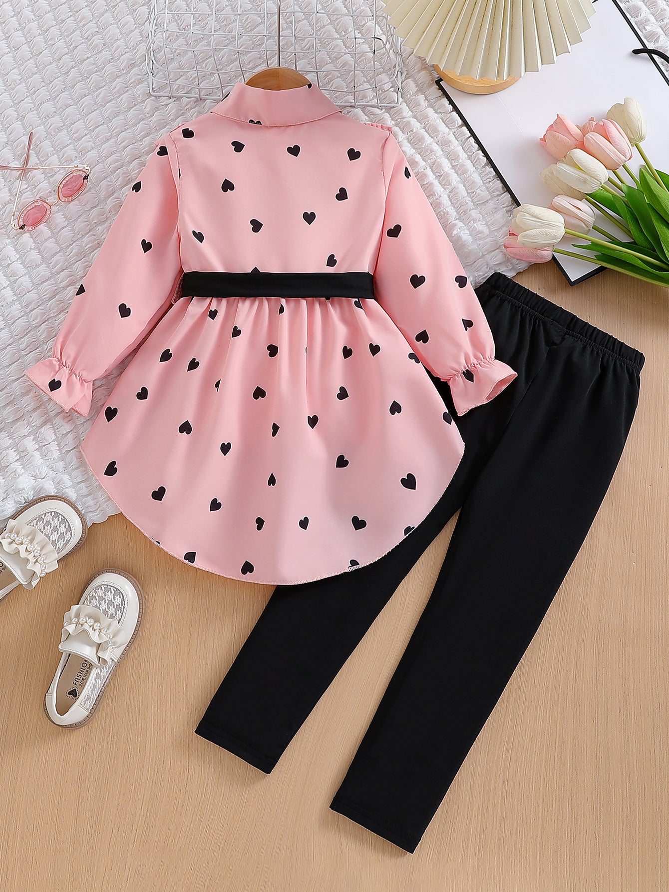 Girls' Fashion Long Shirt Including Belt Leggings Suit