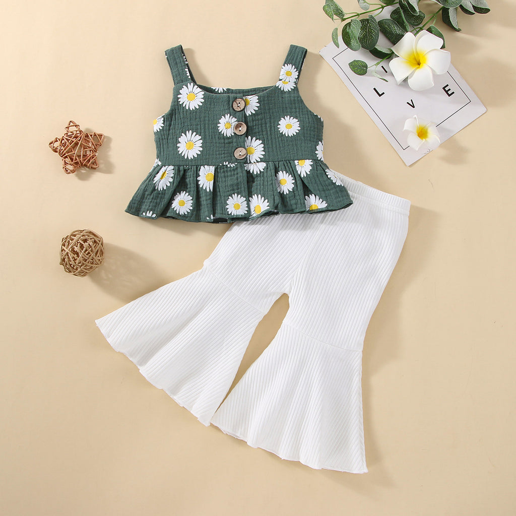 Baby/Toddler Double Wrinkled Cotton Top With Straps Flared Pants Set