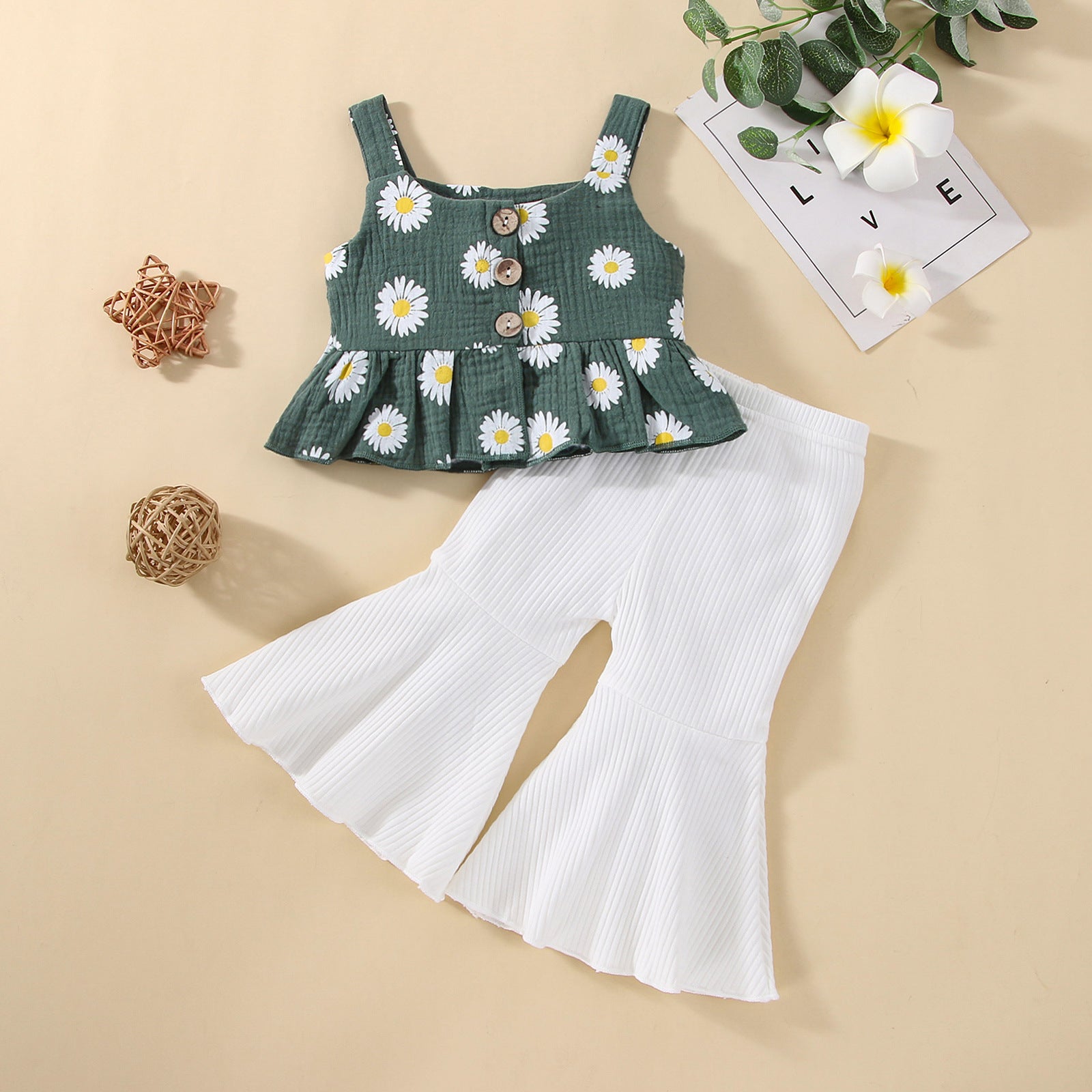 Baby/Toddler Double Wrinkled Cotton Top With Straps Flared Pants Set