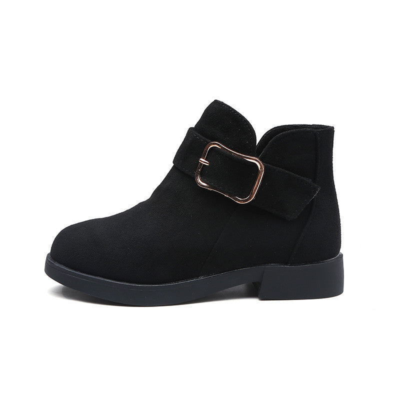 Girl's black suede leather boots.