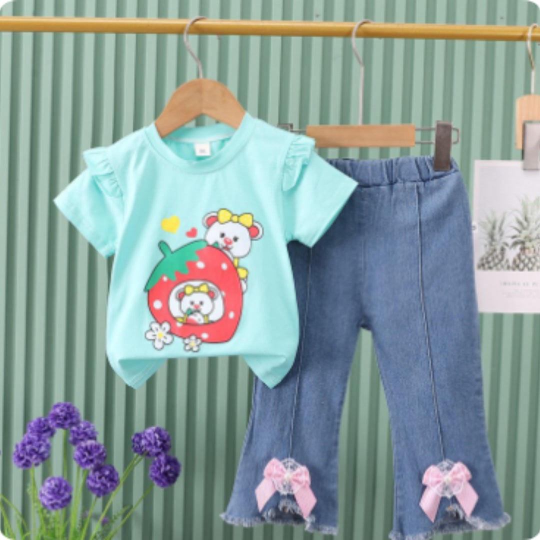 Girl's Short-Sleeve Denim Jeans Set