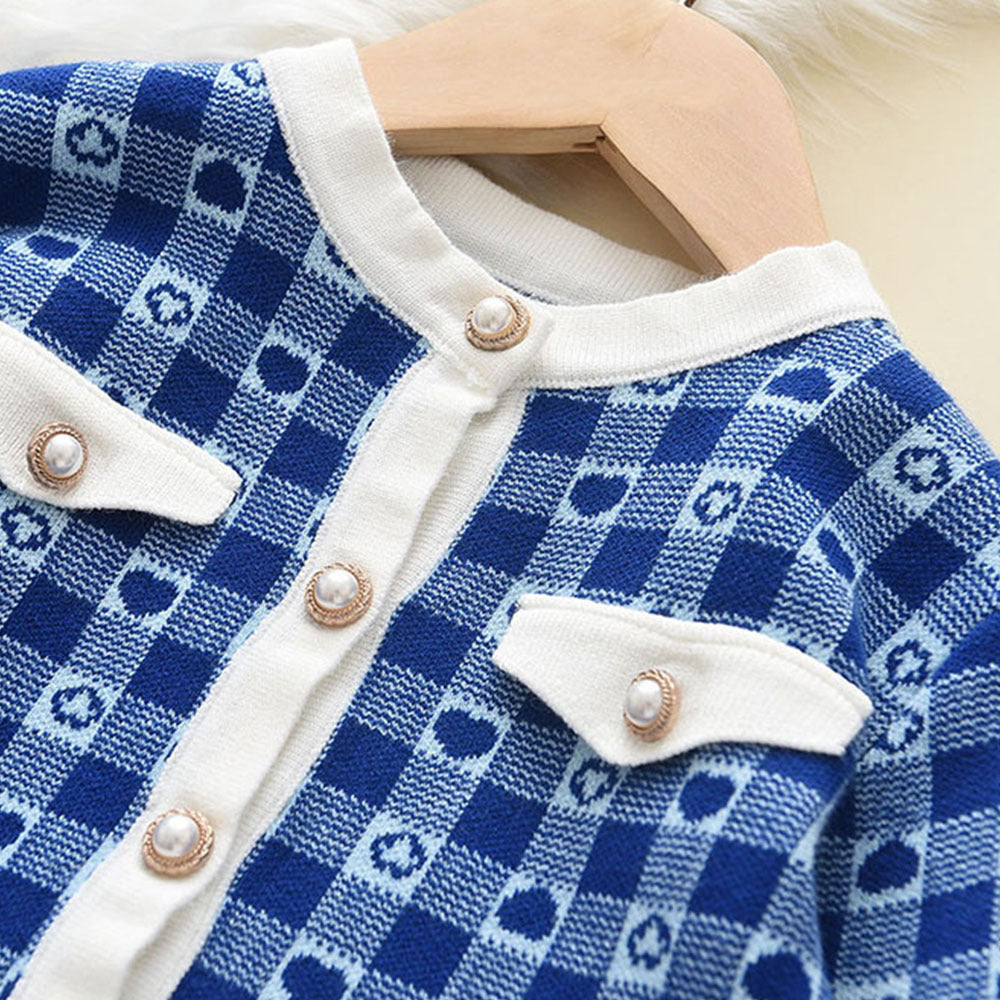 Girls' Classic Style Plaid Knitted Cardigan Bow Hip Skirt Two-piece Suit