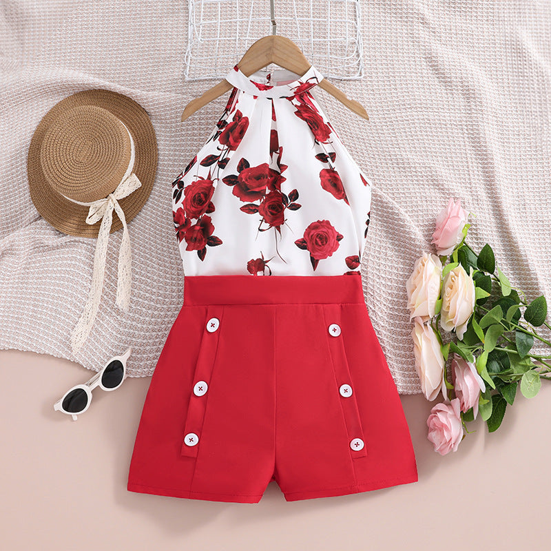 Girl's Summer Printed Halter Top & Shorts Set