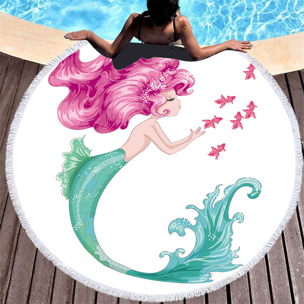 Cartoon Pink Mermaid Microfiber Round Beach Towel