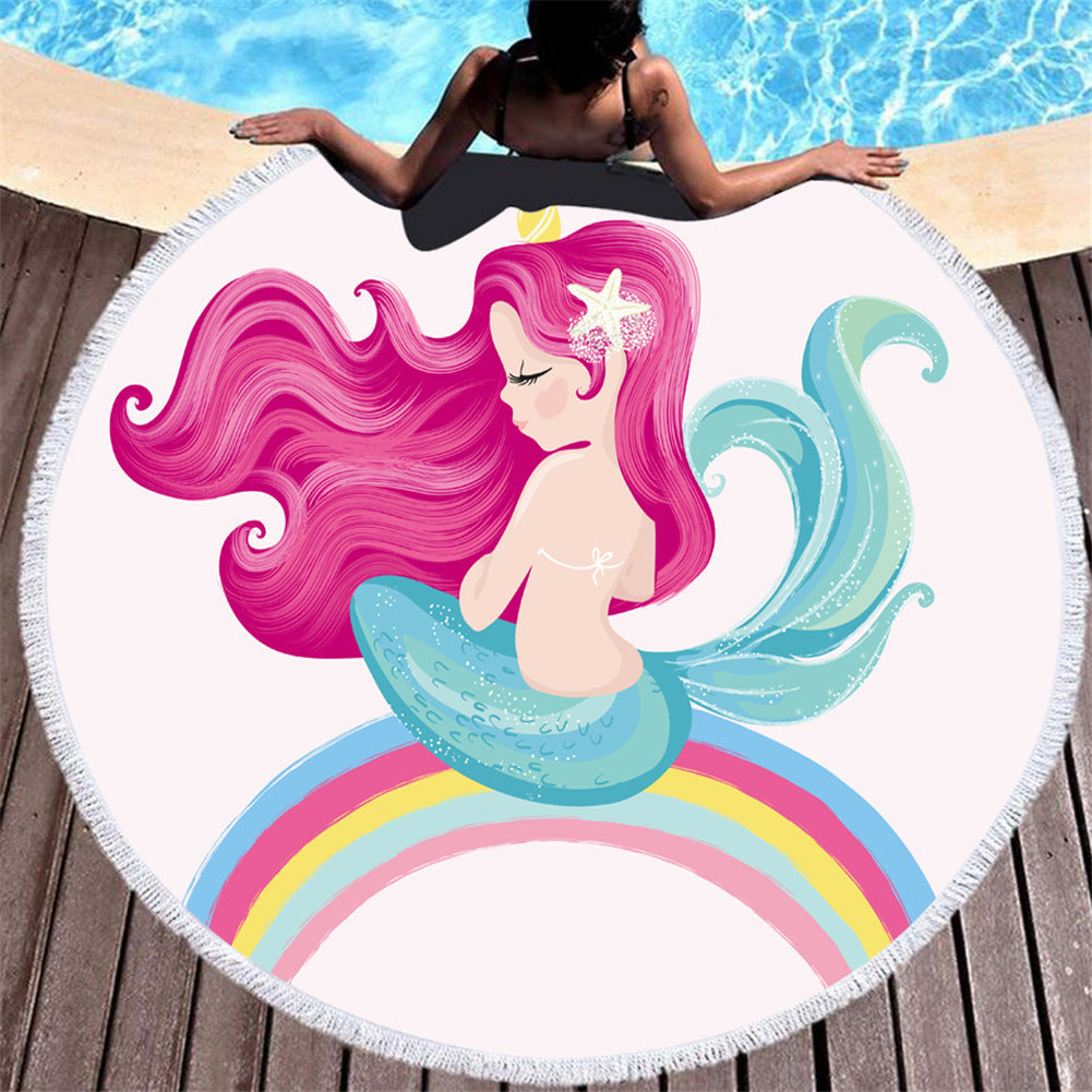 Cartoon Pink Mermaid Microfiber Round Beach Towel