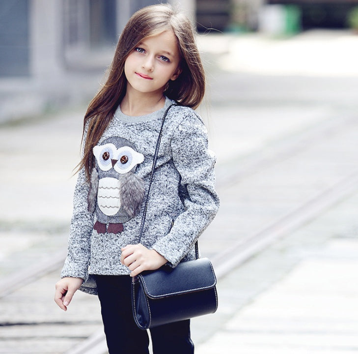 Cartoon Owl Top for Autumn Winter Fleece-Lined Girls' Sweater