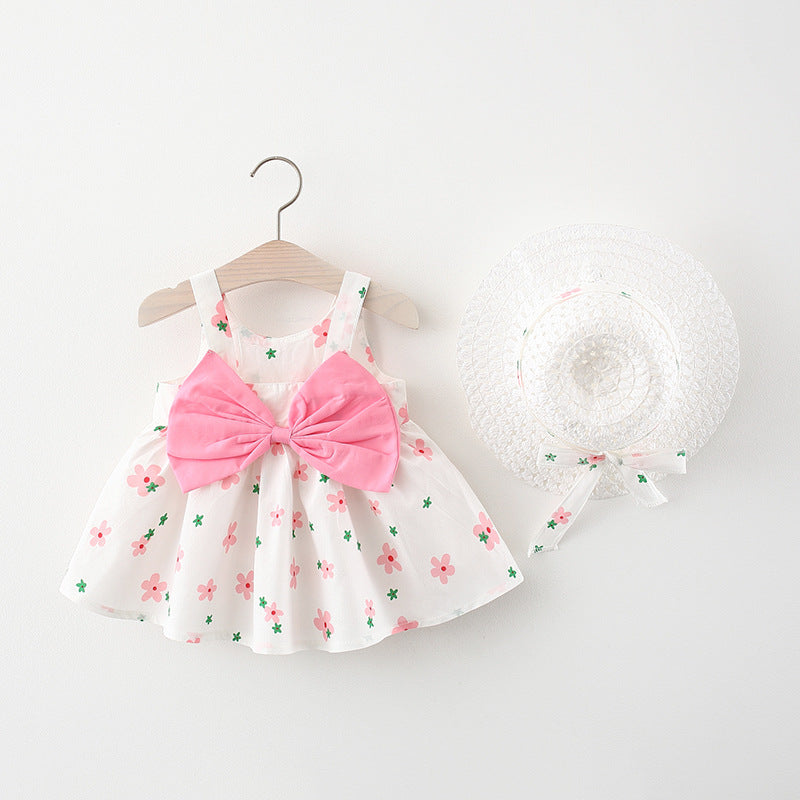 Summer Baby Girl Big Bow Sleeveless Print Dress With Hat 2pc Set
