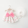 Summer Baby Girl Big Bow Sleeveless Print Dress With Hat 2pc Set