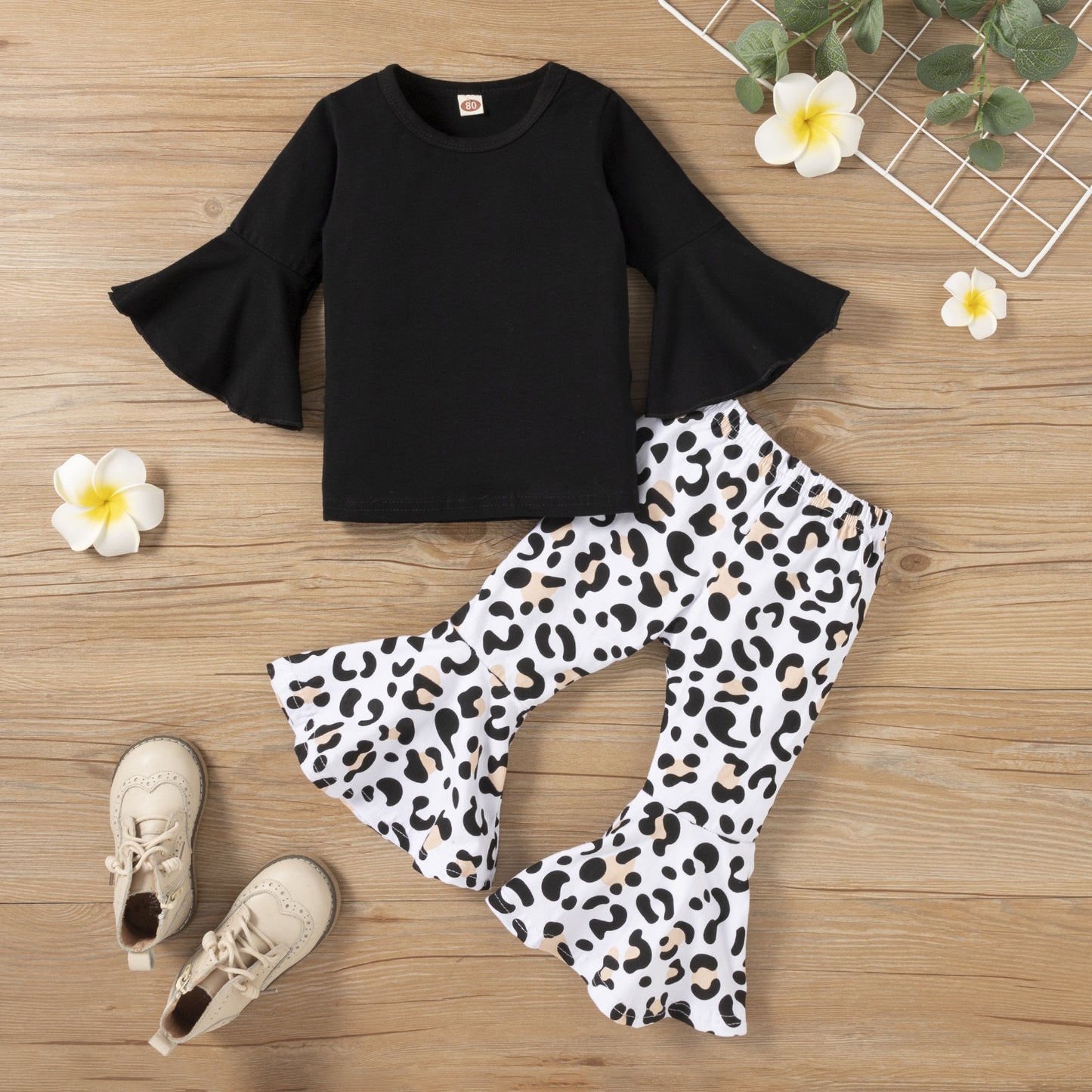 Girls' Leopard Flared Pants Casual Suit