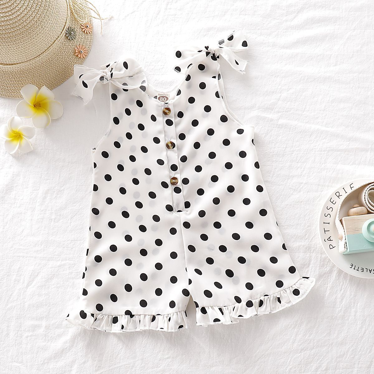 Girls' Solid Color Polka Dot Jumpsuit