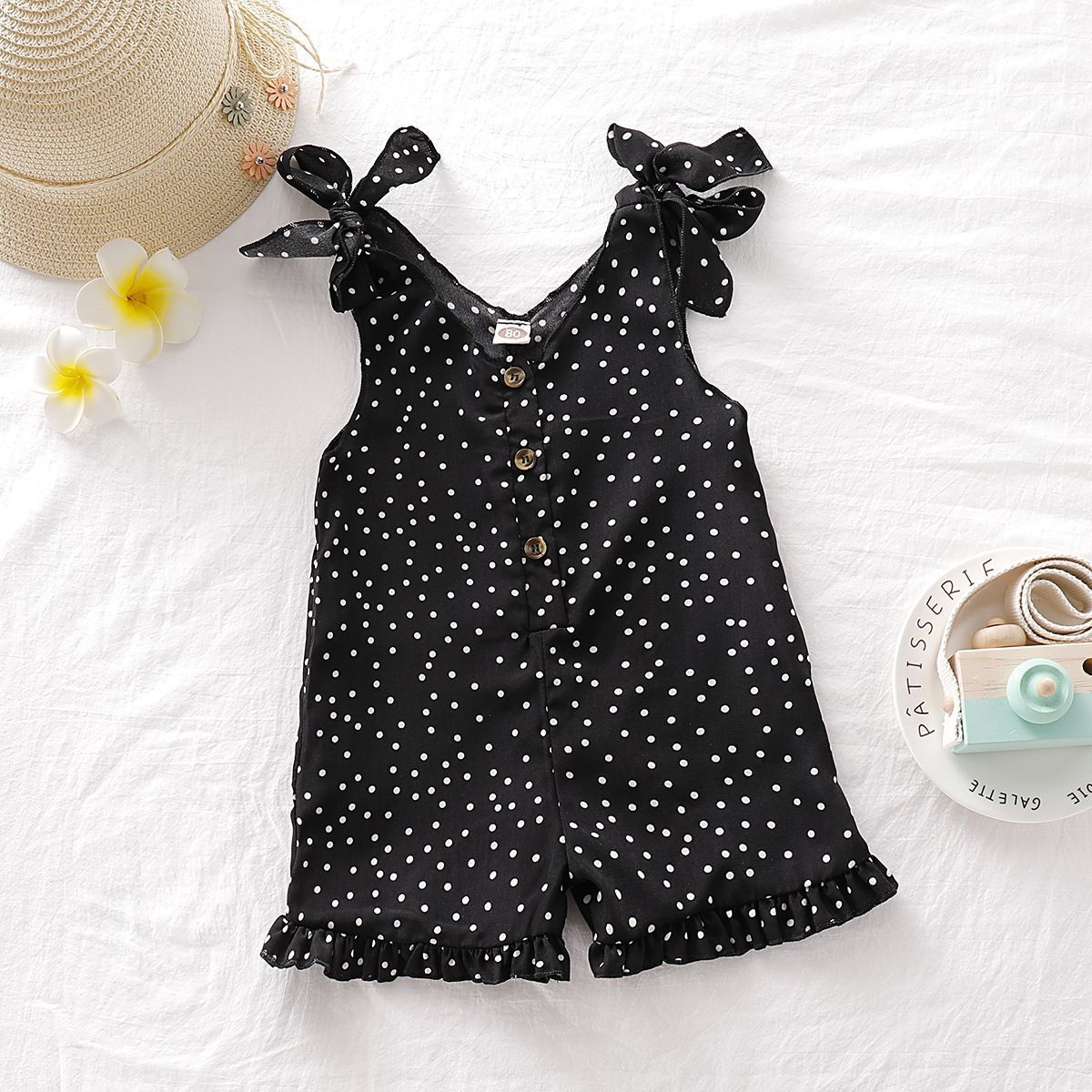 Girls' Solid Color Polka Dot Jumpsuit