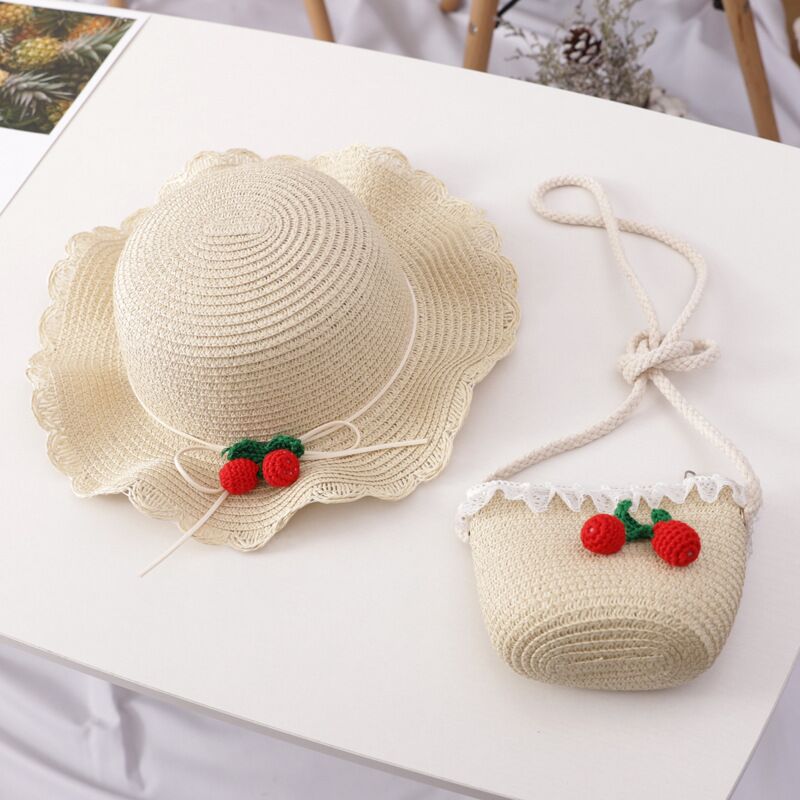 Girls' Cherry Straw Hat & Bag Set, Princess Hat, Beach Sun Hat