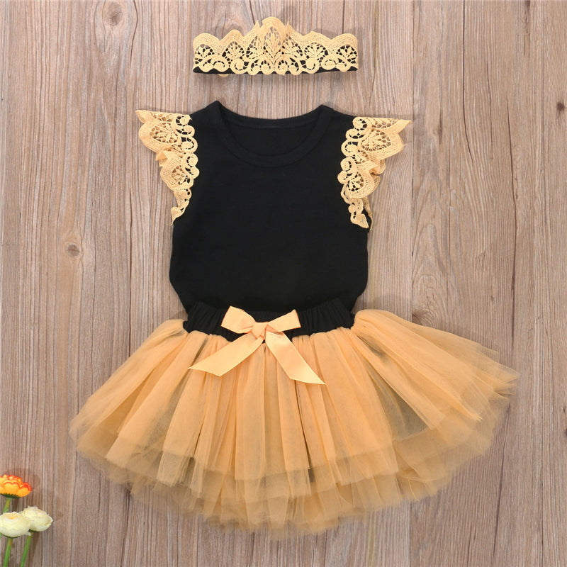 Summer Cute Baby Girl Pure Cotton Casual Clothing Suit Bow Ruffled Bodysuit Tutu Headband 3pc Set