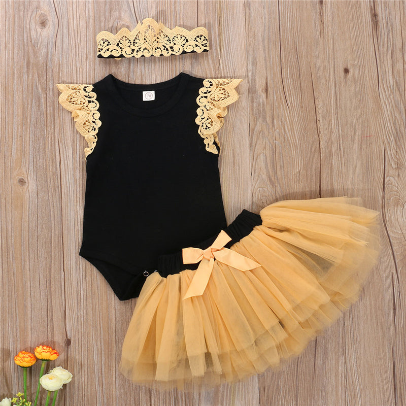 Summer Cute Baby Girl Pure Cotton Casual Clothing Suit Bow Ruffled Bodysuit Tutu Headband 3pc Set