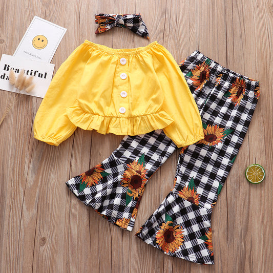 Autumn New Style Long Sleeve Yellow Blouse Plaid Sun Flower Flare Pants Girls' Suit 3-piece Set