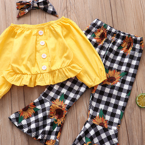Autumn New Style Long Sleeve Yellow Blouse Plaid Sun Flower Flare Pants Girls' Suit 3-piece Set