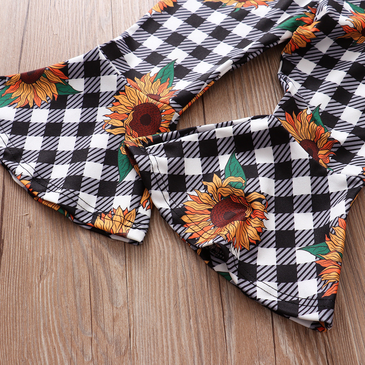 Autumn New Style Long Sleeve Yellow Blouse Plaid Sun Flower Flare Pants Girls' Suit 3-piece Set