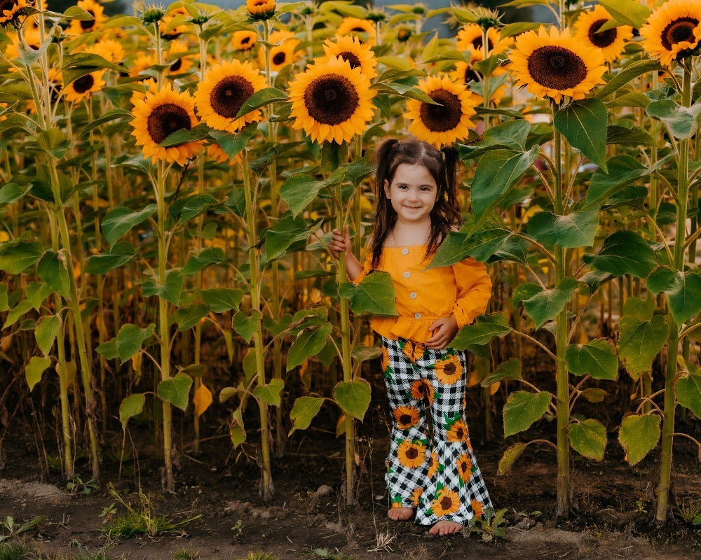 Autumn New Style Long Sleeve Yellow Blouse Plaid Sun Flower Flare Pants Girls' Suit 3-piece Set