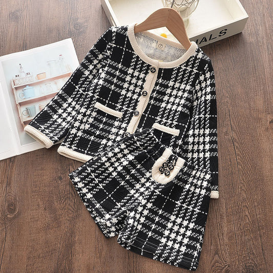 Spring & Autumn Girls' Plaid Shorts Suit 2pc Set