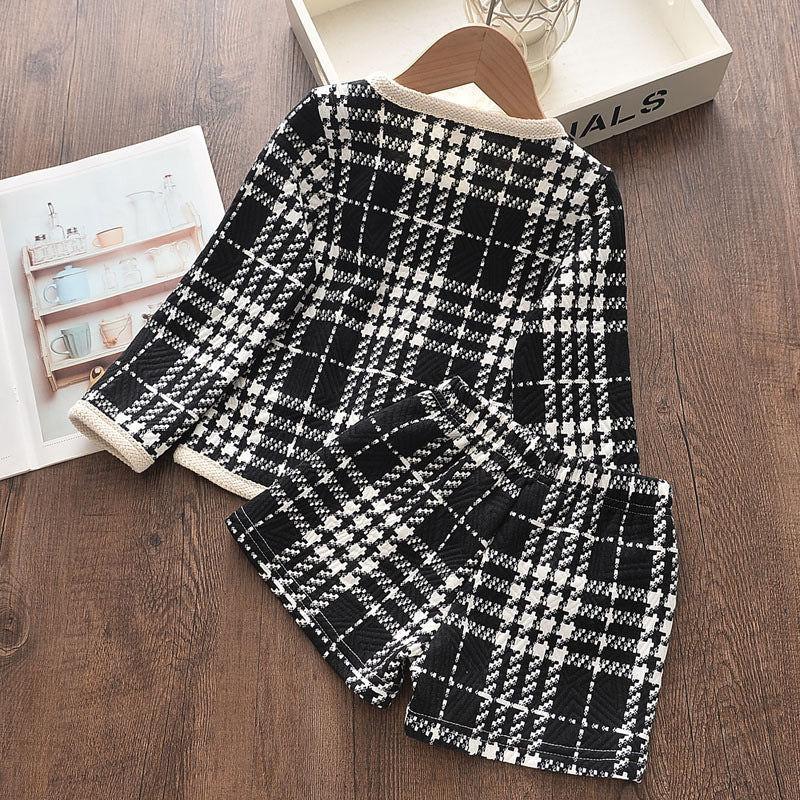 Spring & Autumn Girls' Plaid Shorts Suit 2pc Set
