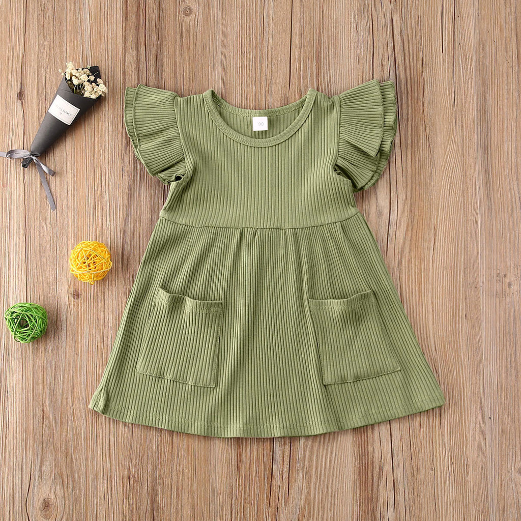 Children's Summer Korean Girl's Dress Solid Color Flying Sleeve Pit Stripe Cotton Dress