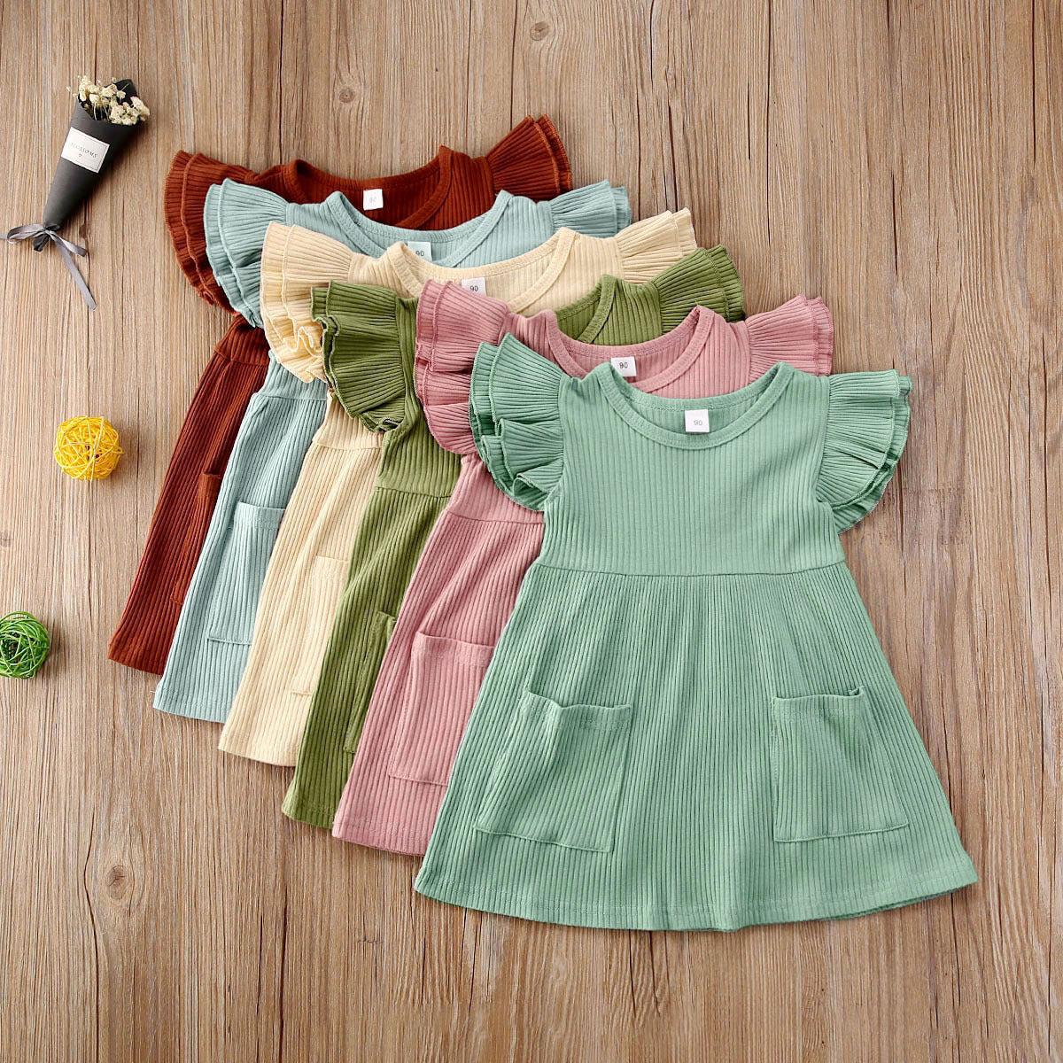 Children's Summer Korean Girl's Dress Solid Color Flying Sleeve Pit Stripe Cotton Dress