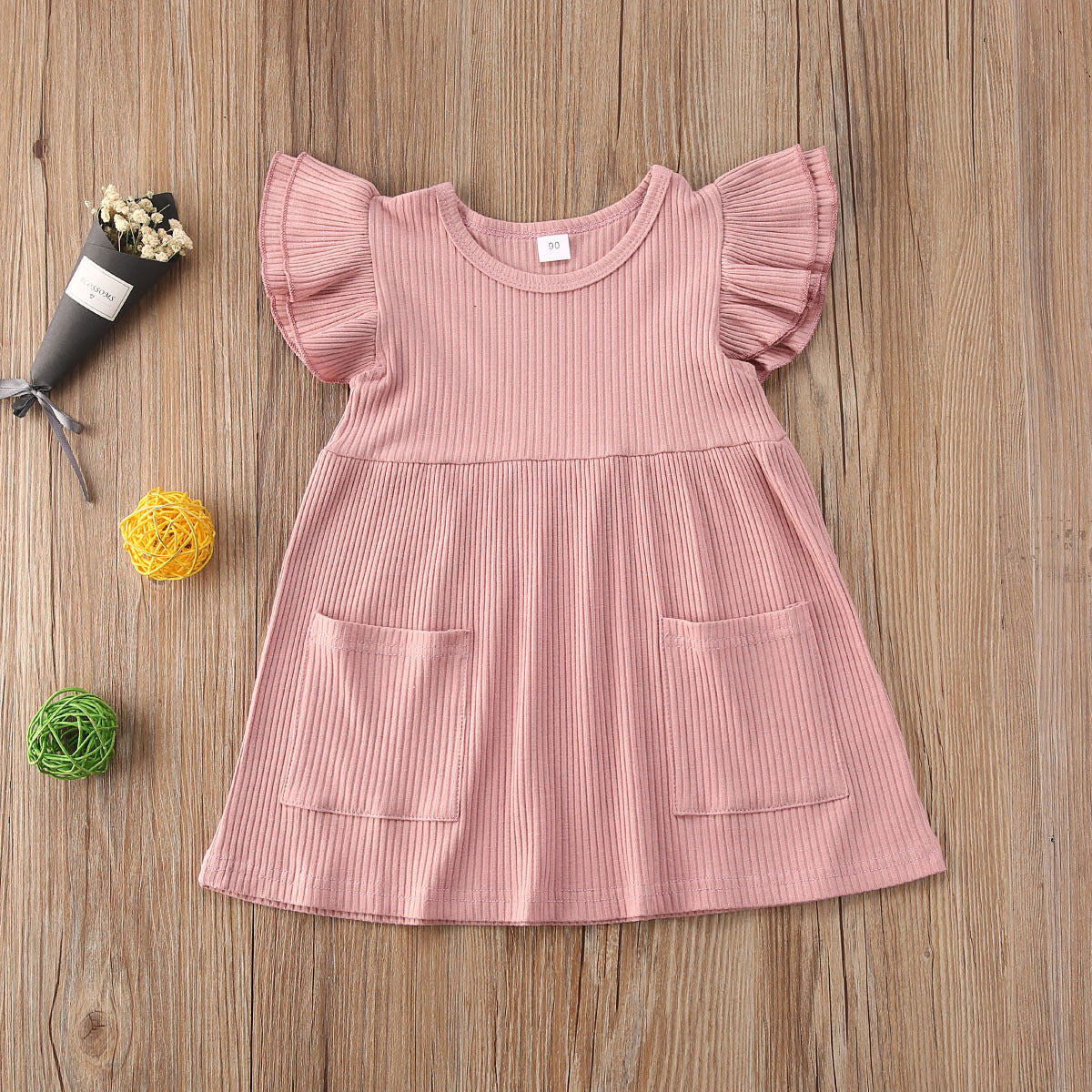 Children's Summer Korean Girl's Dress Solid Color Flying Sleeve Pit Stripe Cotton Dress