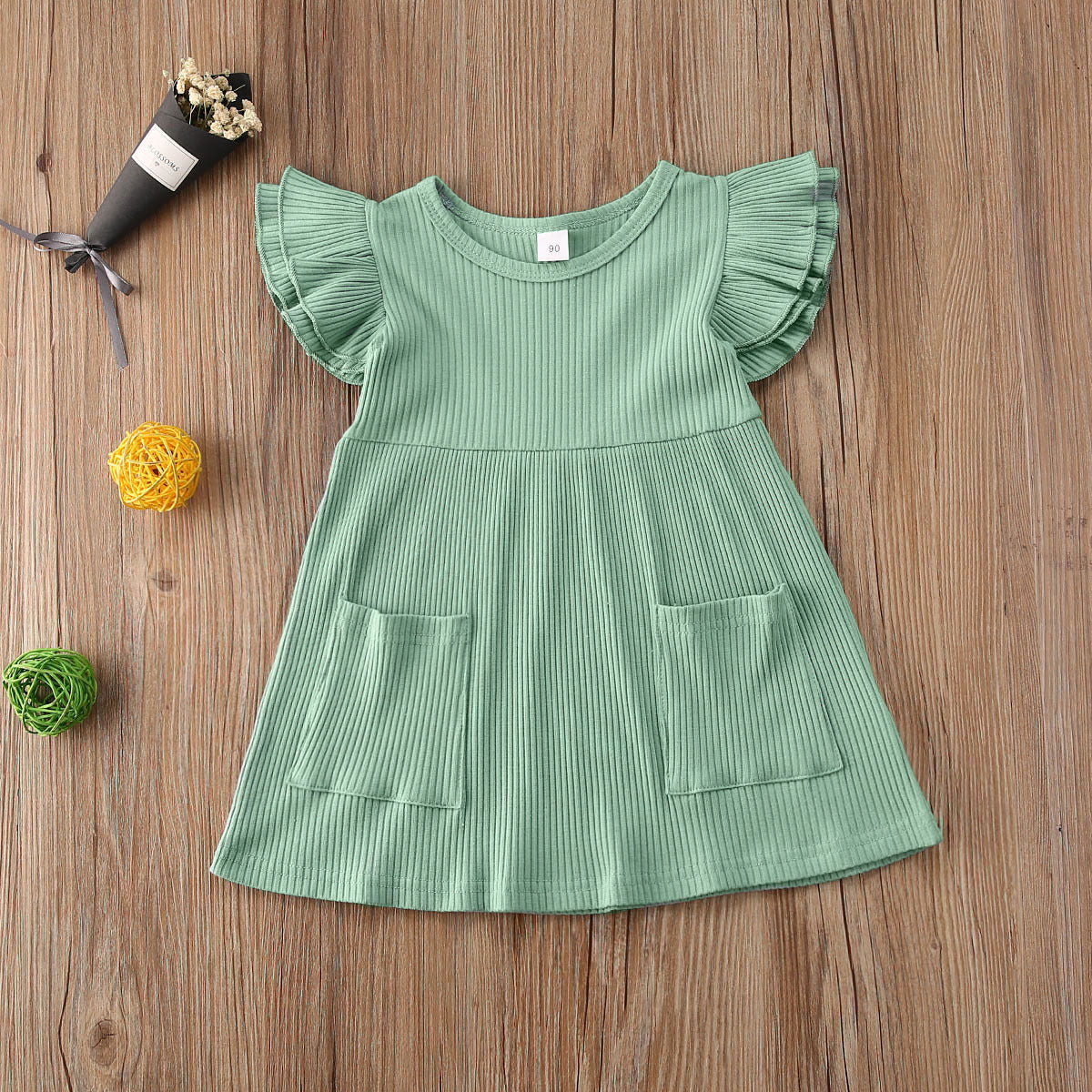 Children's Summer Korean Girl's Dress Solid Color Flying Sleeve Pit Stripe Cotton Dress