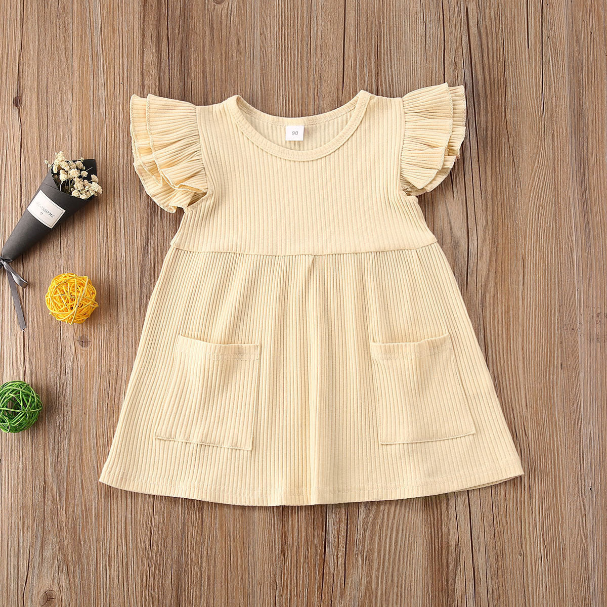 Children's Summer Korean Girl's Dress Solid Color Flying Sleeve Pit Stripe Cotton Dress