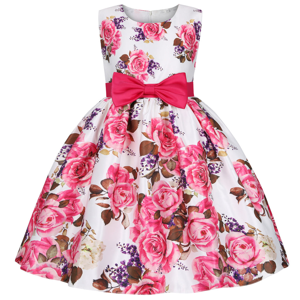 New Children's Wedding Dress, Girls' Rose Print Princess Dress, Birthday Party Dress