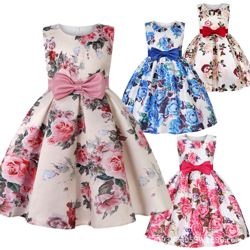 New Children's Wedding Dress, Girls' Rose Print Princess Dress, Birthday Party Dress