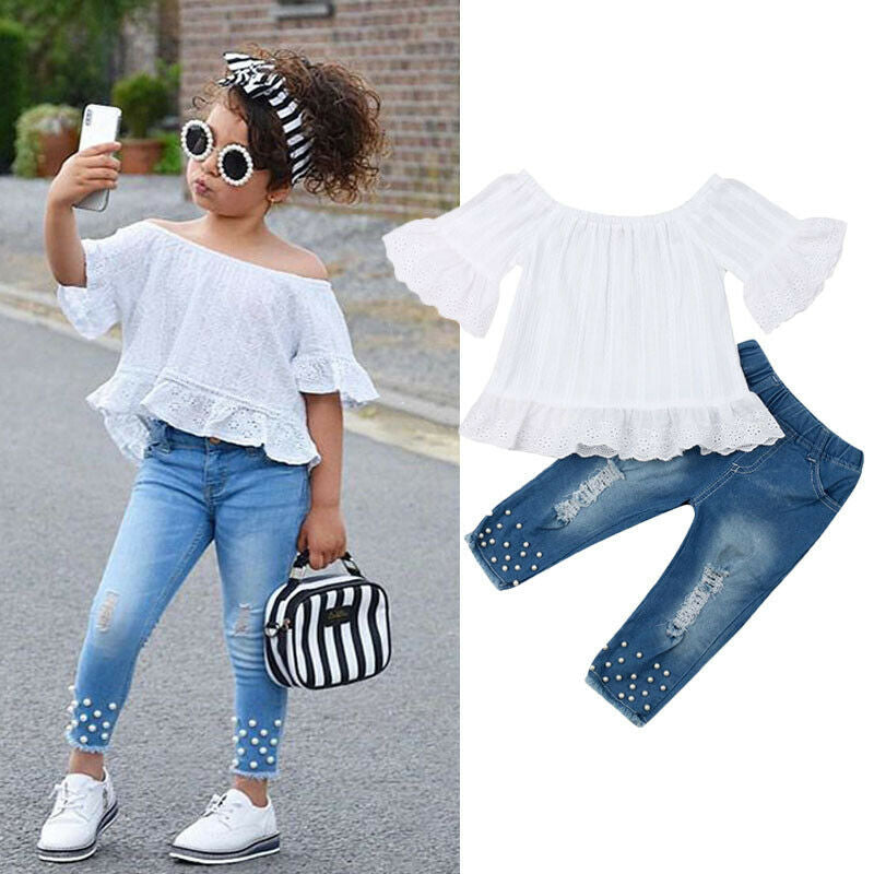 Toddler Girls' Cute White Top And Jeans 2pc Set