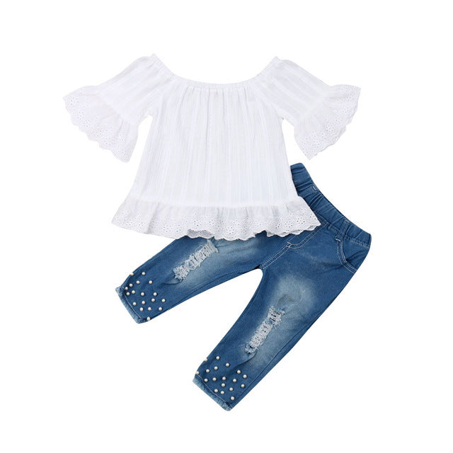 Toddler Girls' Cute White Top And Jeans 2pc Set