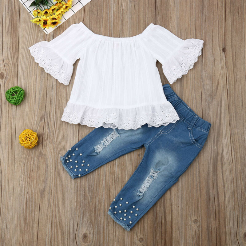 Toddler Girls' Cute White Top And Jeans 2pc Set