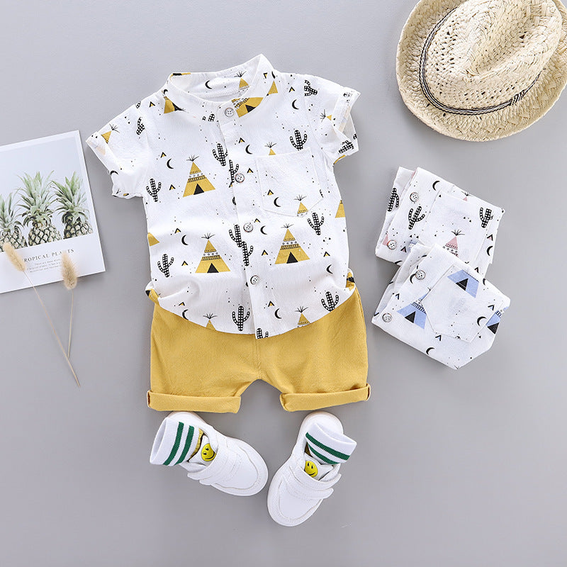 Boy/Girl Stand-Up Collar Shirt Short Sleeve & Shorts 2pc Set