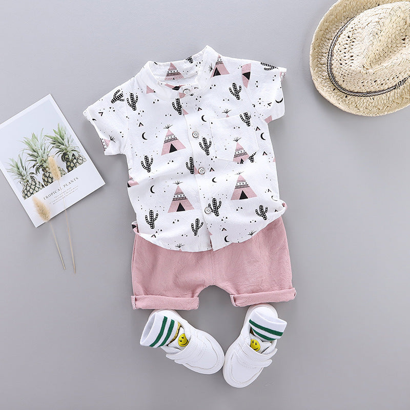 Boy/Girl Stand-Up Collar Shirt Short Sleeve & Shorts 2pc Set