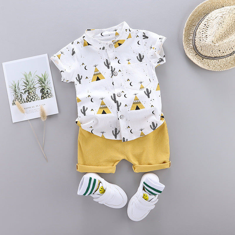 Boy/Girl Stand-Up Collar Shirt Short Sleeve & Shorts 2pc Set