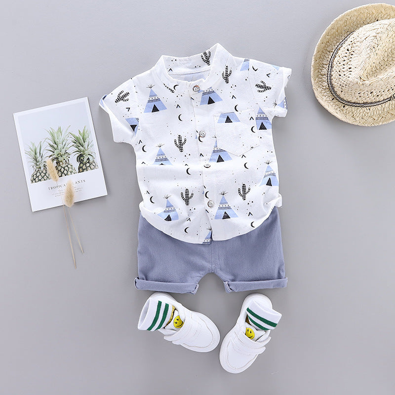 Boy/Girl Stand-Up Collar Shirt Short Sleeve & Shorts 2pc Set