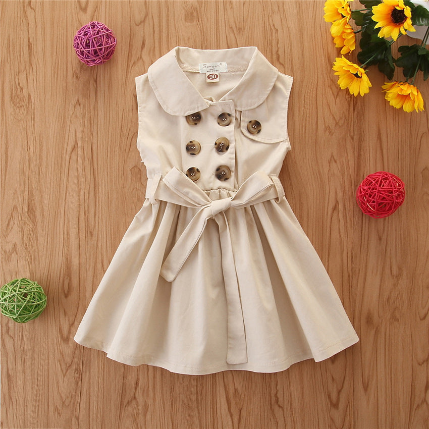 Summer Toddler Baby Girl Dress Kids Princess Casual Sleeveless Sash Button Party A-Line Dress