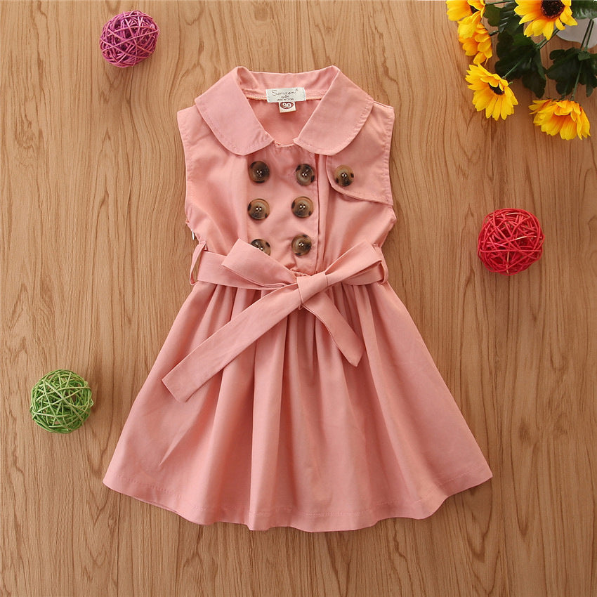 Summer Toddler Baby Girl Dress Kids Princess Casual Sleeveless Sash Button Party A-Line Dress