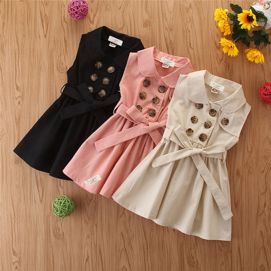 Summer Toddler Baby Girl Dress Kids Princess Casual Sleeveless Sash Button Party A-Line Dress