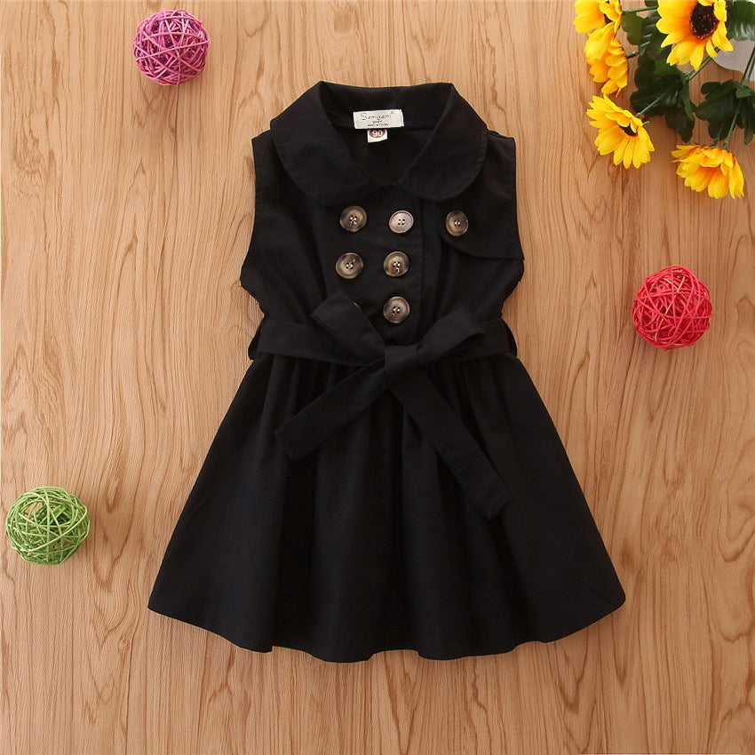 Summer Toddler Baby Girl Dress Kids Princess Casual Sleeveless Sash Button Party A-Line Dress