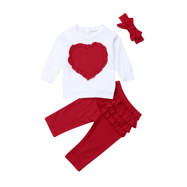 Little Girl Heart-shaped Long-sleeved T-shirt 3pc Set