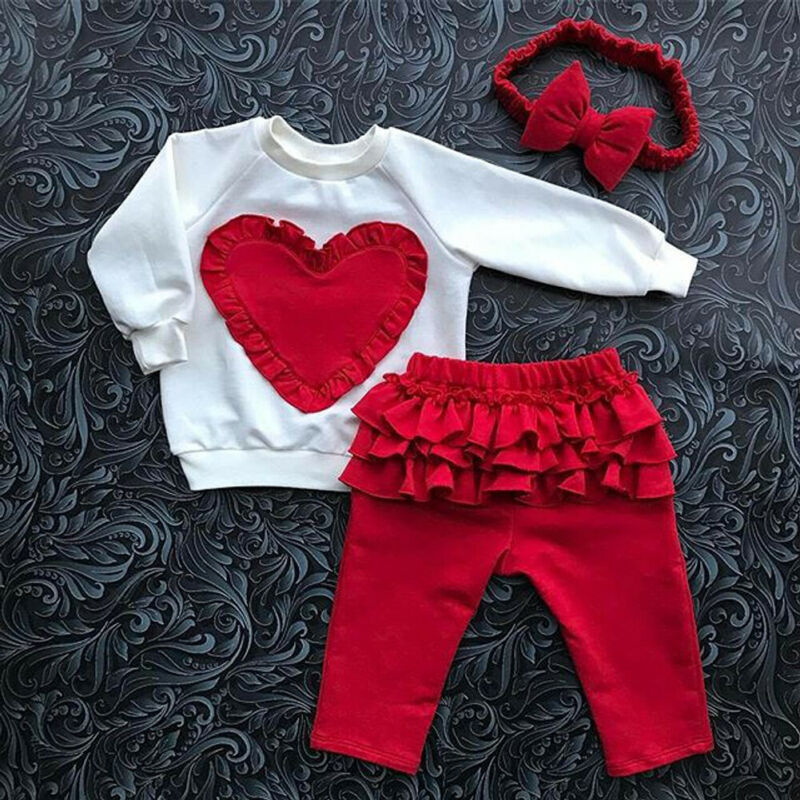 Little Girl Heart-shaped Long-sleeved T-shirt 3pc Set